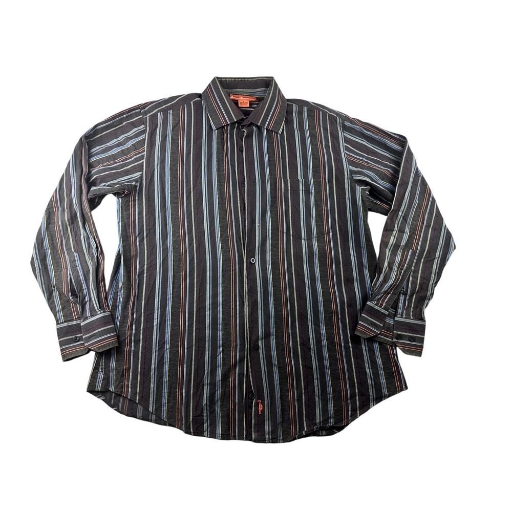 Sette Ponti Button-Up Shirt Men L Black Striped 100% Cotton Long Sleeve Preppy